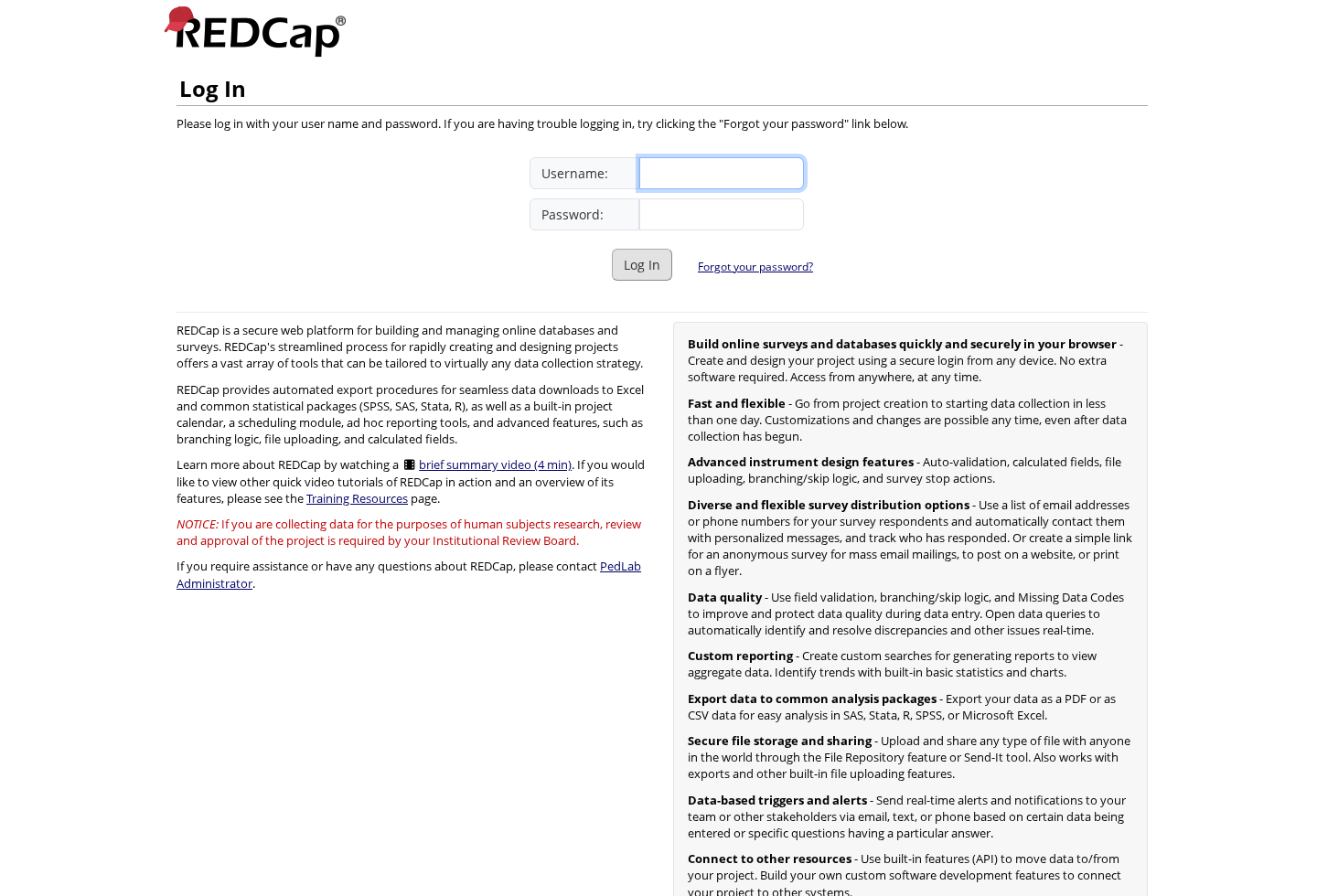 REDCap application interface